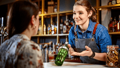 Bartender mostrando una botella verde a un cliente.