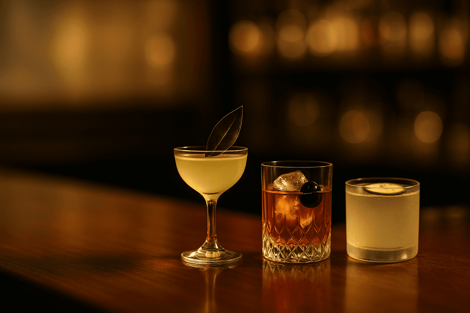 Tres tiny cocktails sobre la barra de un bar