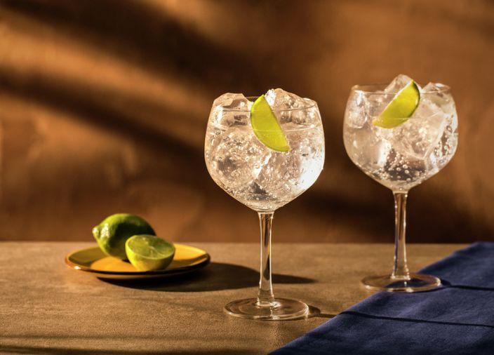 Gin serves in wine glass garnished with lime.