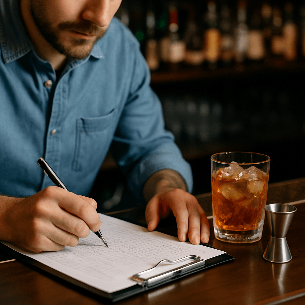 Dueño de bar haciendo contabilidad de bar