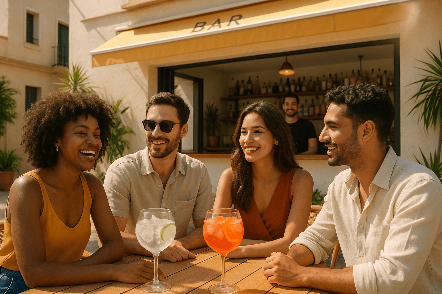 Grupo de amigos sentados en una terraza de verano consumiendo cócteles en copa de balón