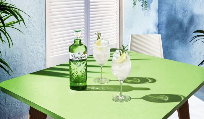 Gordons bottle accompanied by two garnished cocktails.