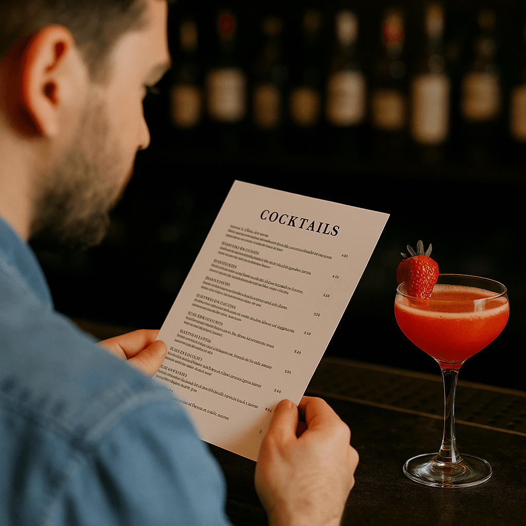 Dueño de bar revisando carta de cocteles