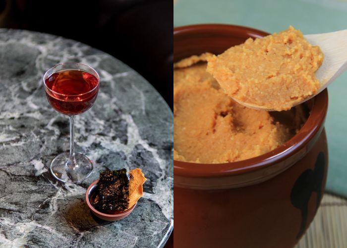 Cóctel rojo y miso.