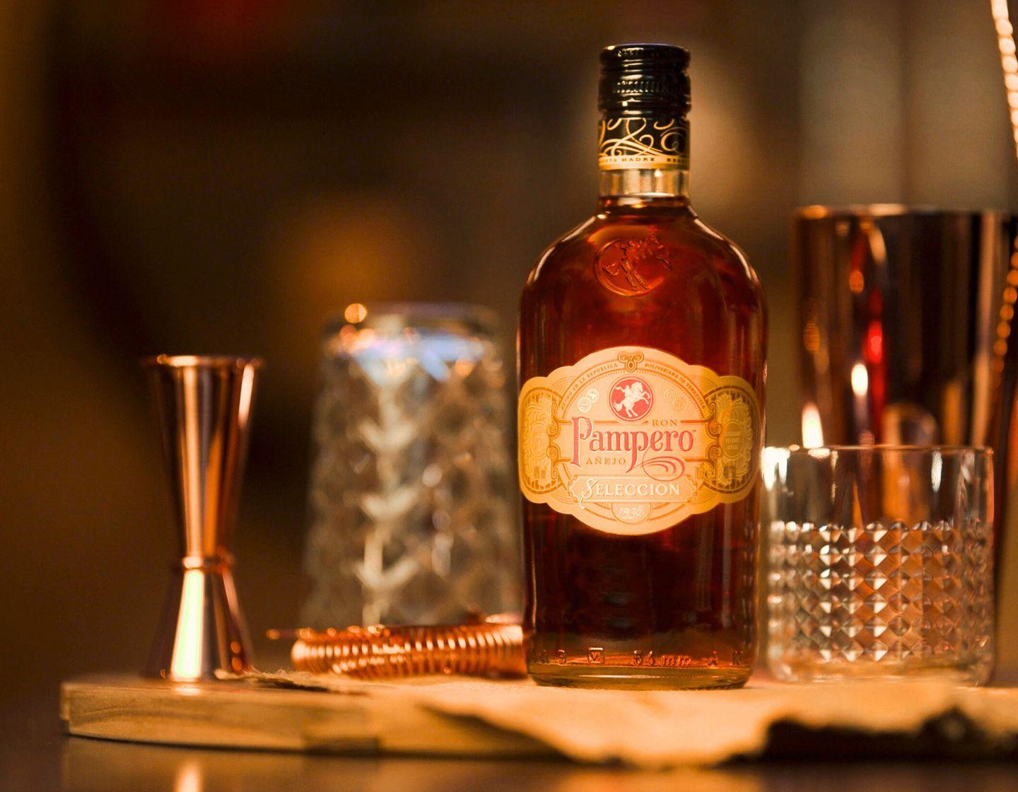 pampero bottle with cocktail equipment.