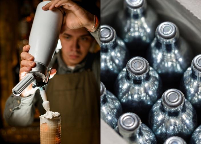 Bartender using cream siphon to add foam to drink and showing the cartridges needed for siphons