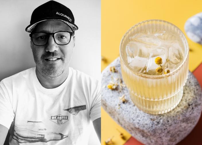 An image split in two, with black and white photo of a man wearing a black cap on the left-hand side, and a clear cocktail with a daisy garnish on the right-hand side.