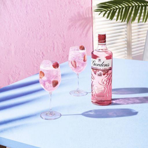 Gordons pink gin bottle accompanied by two garnished gin cocktails.