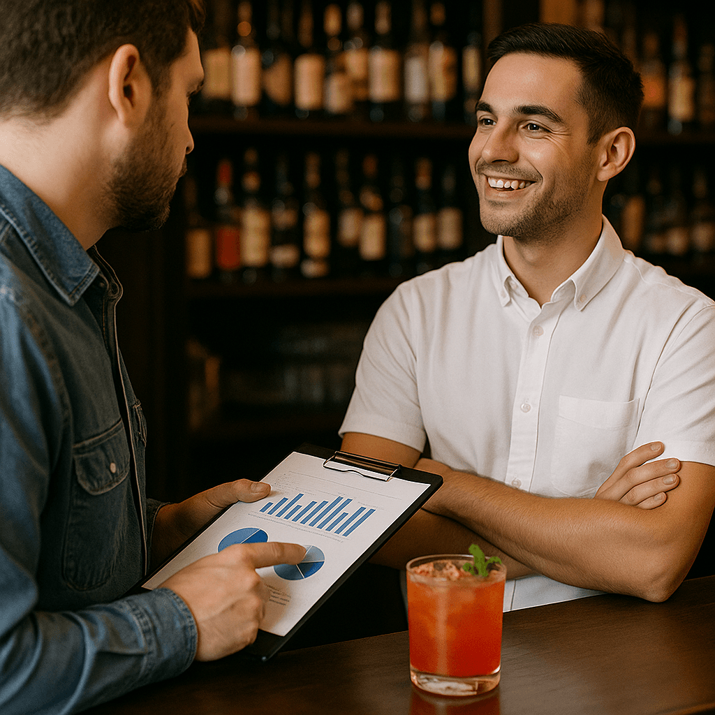 Dueño de bar con tabla de informes y KPI