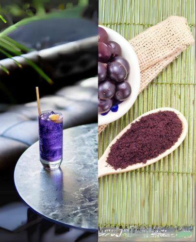coctel morados en mitad izquierda, en la mitad derecha uvas al lado un polvo morado