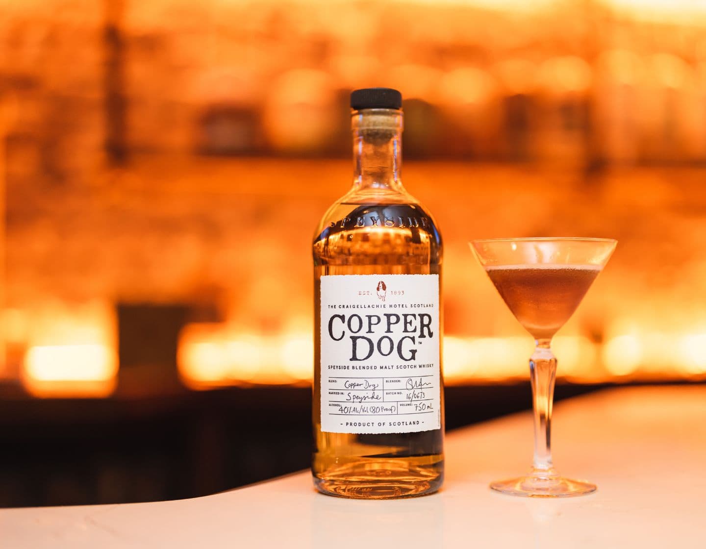 Bottle of Copper Dog on bar top beside cocktail in martini glass