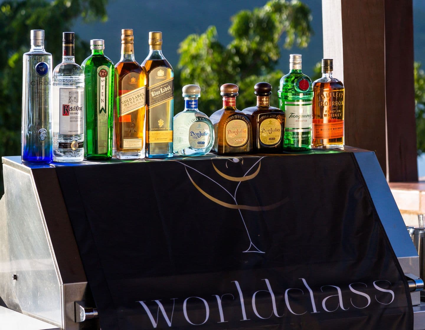 Lineup of Diageo spirits in the sun on a World Class banner    