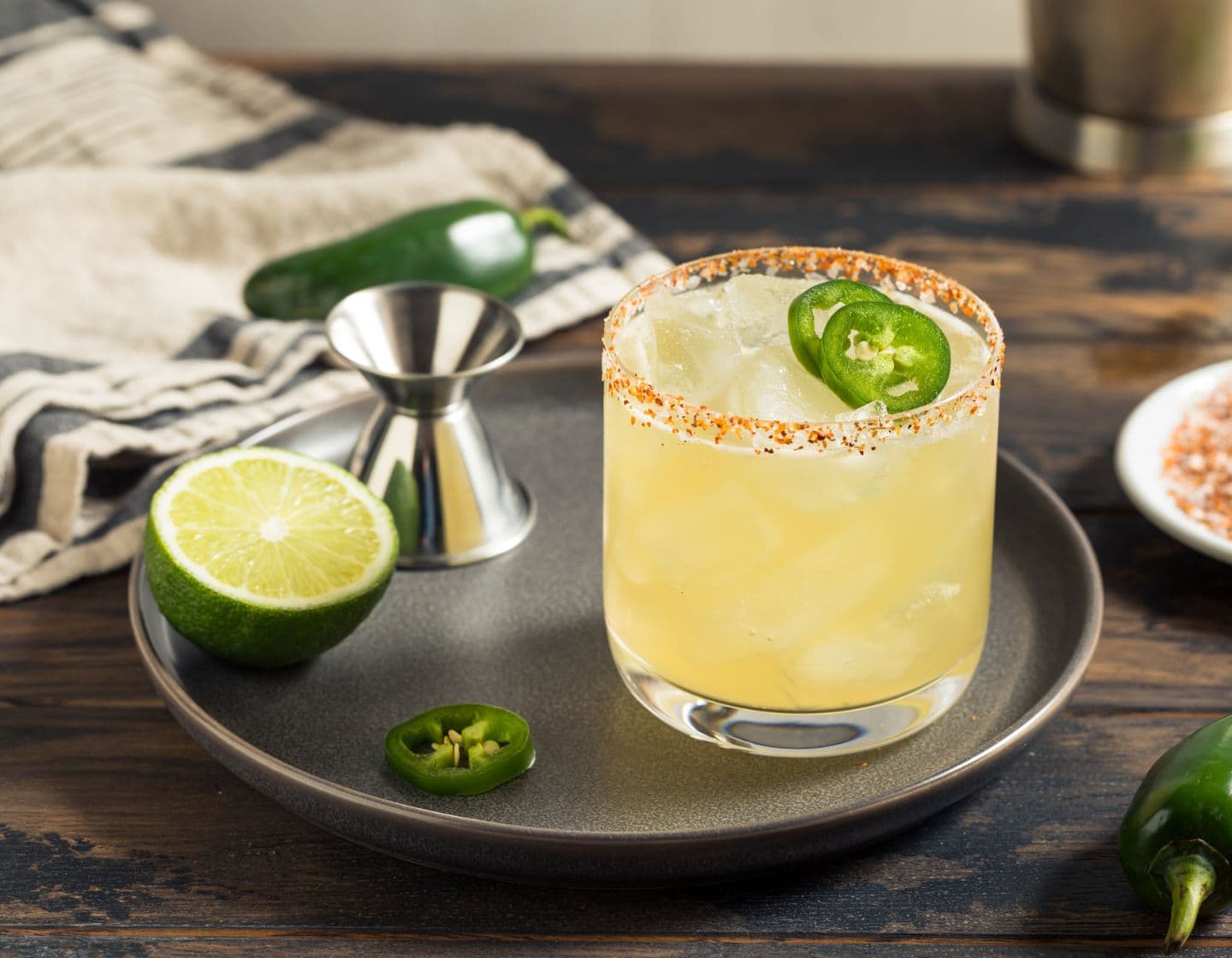 Margarita cocktail with spicy rim and garnish