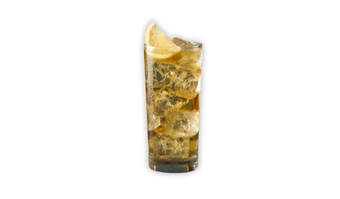 Whisky in highball glass filled with ice and lemon garnish