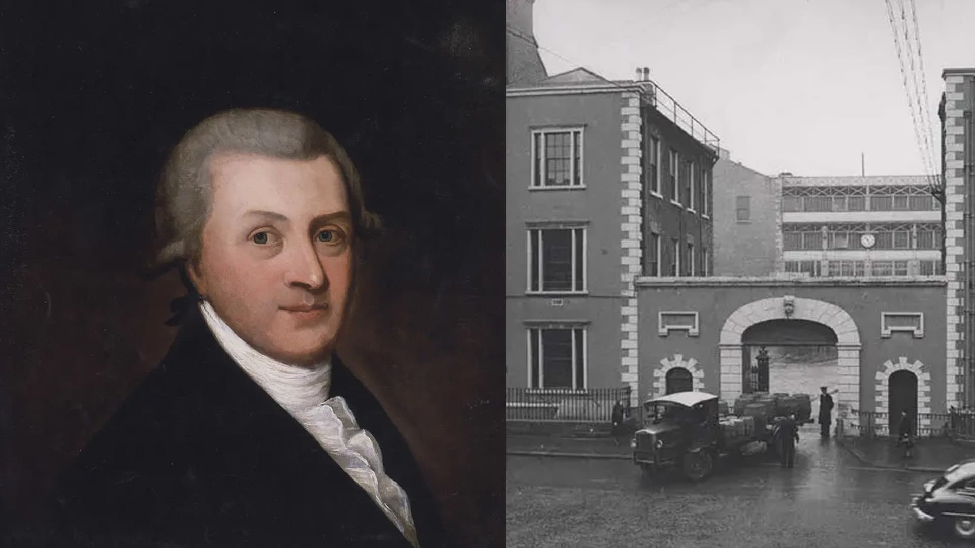 Historic portrait of brand founder, Arthur Guinness and Historic black and white photo of the Guinness storehouse