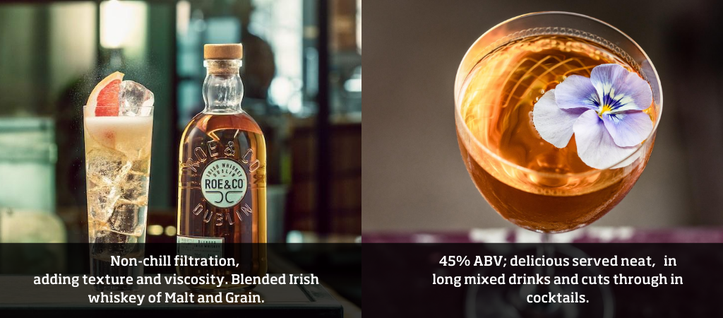Selección de imágenes del whisky Roe & Co con datos interesantes superpuestos 