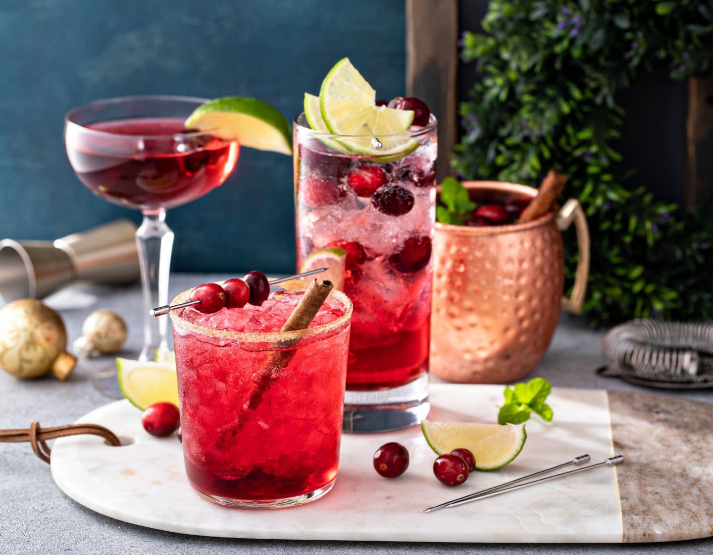 Two cranberry cocktails garnished with fruit