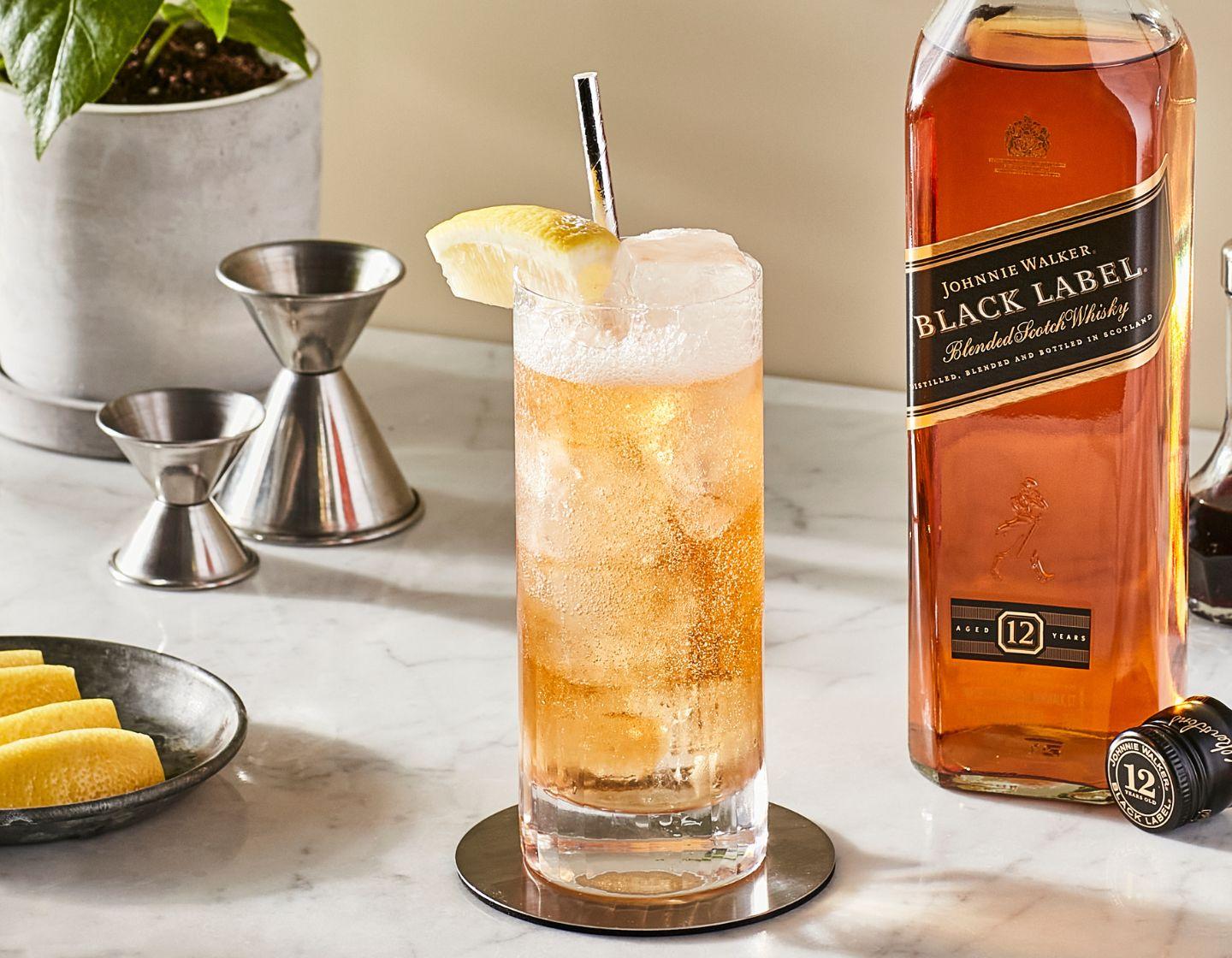 Johnnie Walker black label bottle with highball serve