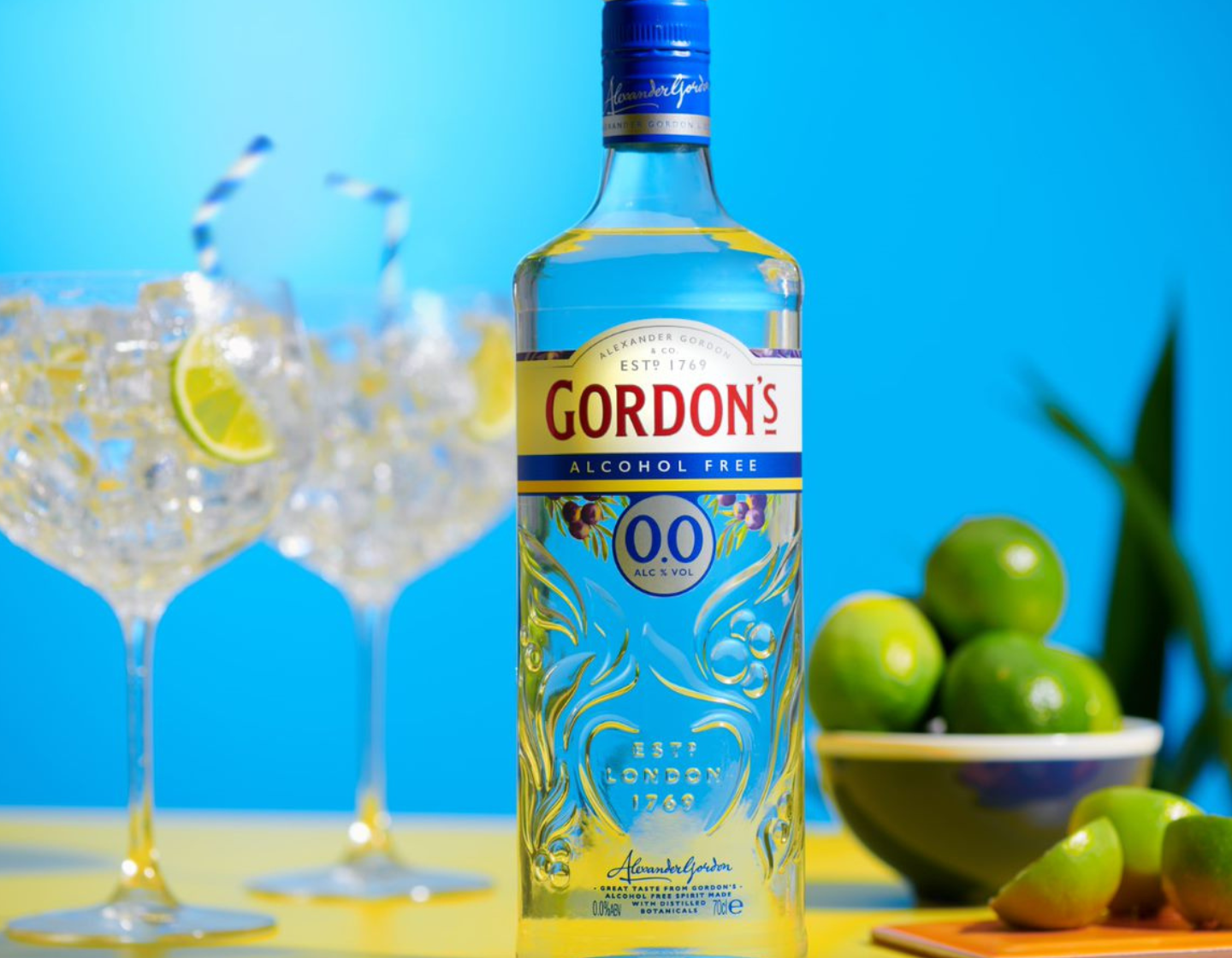 Bottle of Gordon’s 0.0% Alcohol Free beside two G&T glasses 