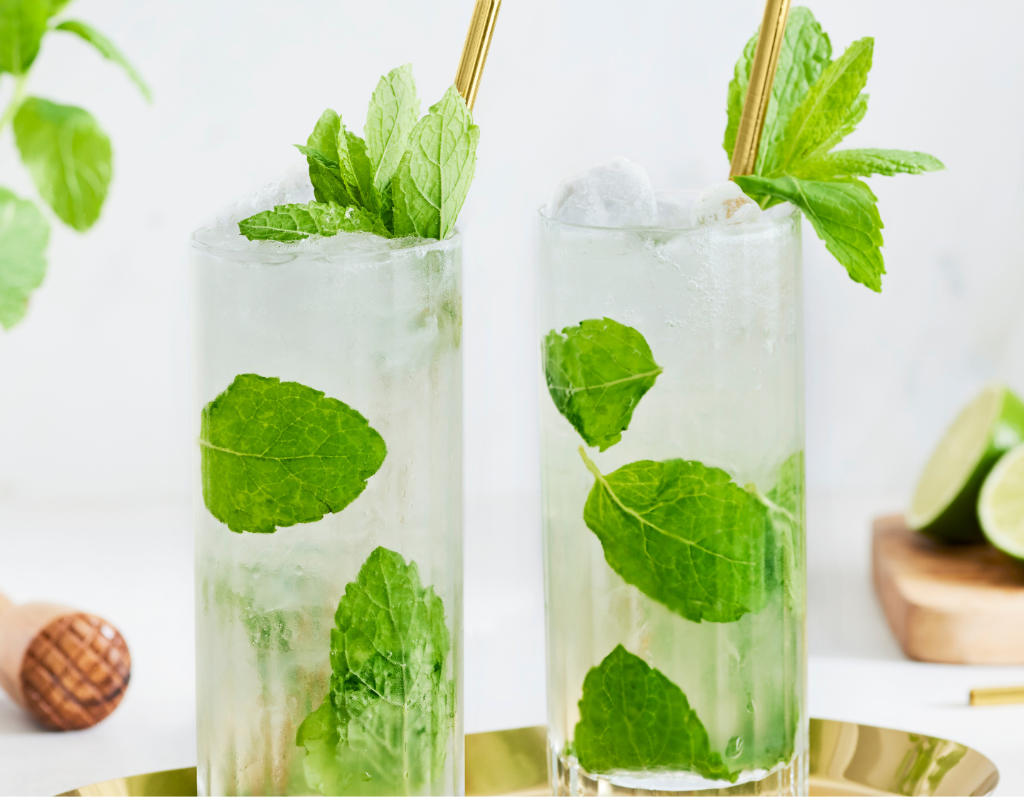  2 tall mojitos with nice mint leaves as decoration accompanied with gold straws  