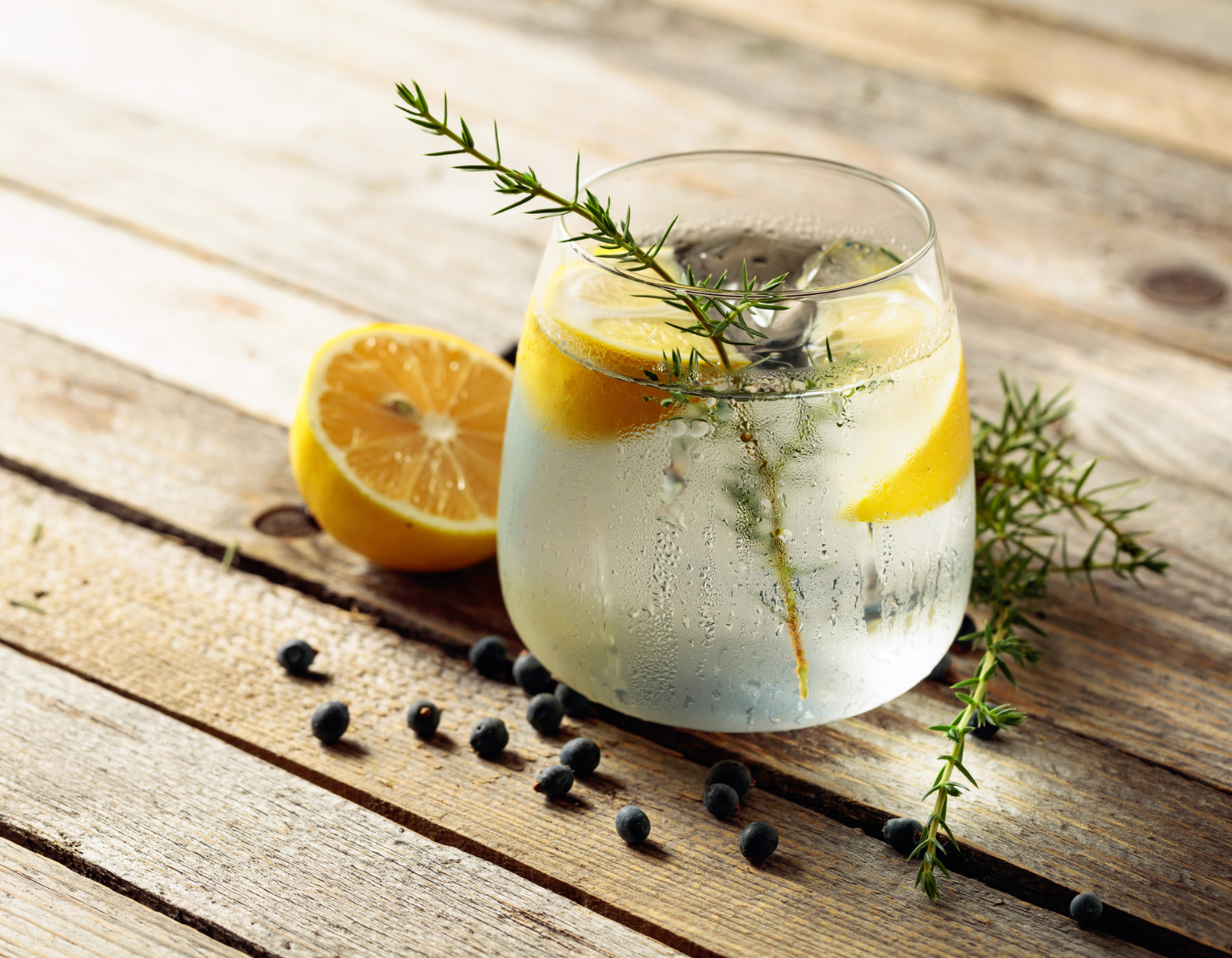 Glass of gin with lemons and rosemary  