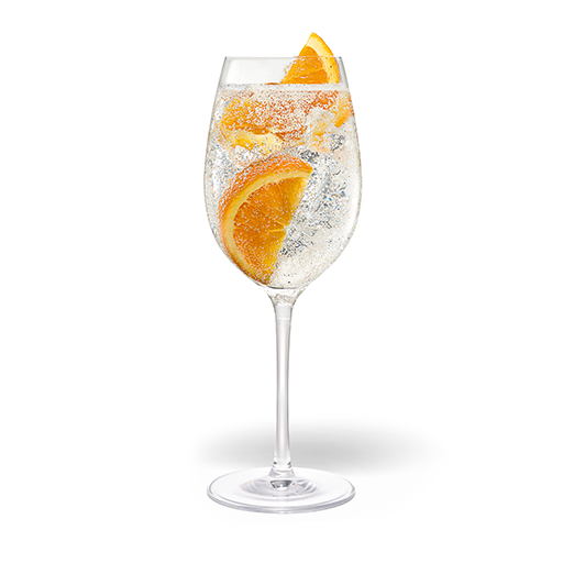Cocktail in wine glass with orange garnish 