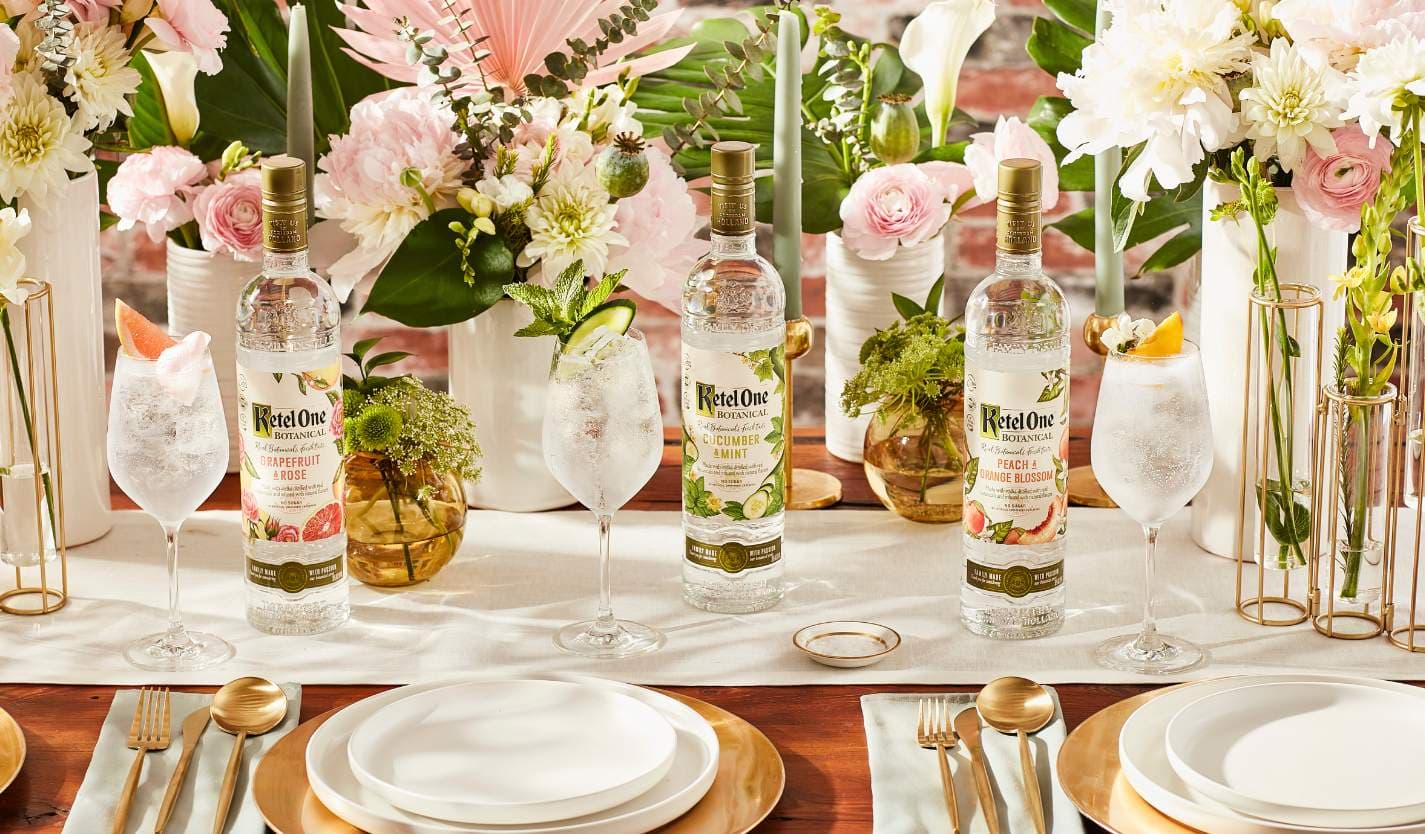 Ketel One Botanical bottles on a table dressed with flowers